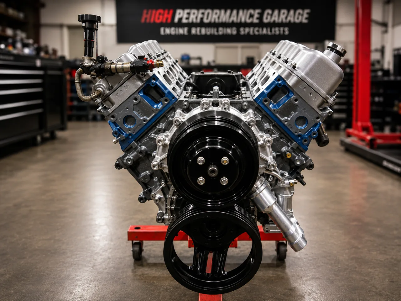 Freshly rebuilt V8 engine at High Performance Garage in Garland, TX
